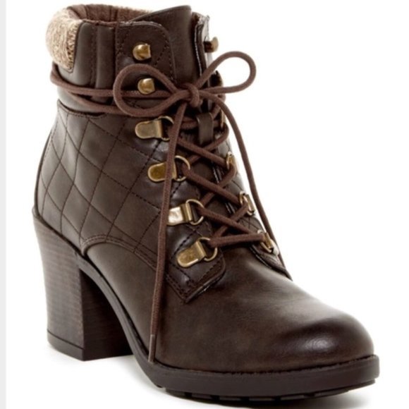MIA Shoes - 93 Mia Teddy Brown Quilted Lace Up Heeled Boots Size 10